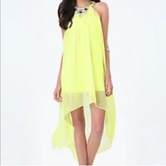 Bebe Dress Womens Sz 4 lime green High low gemstone neckline rhinestone Chiffon - Picture 1 of 14